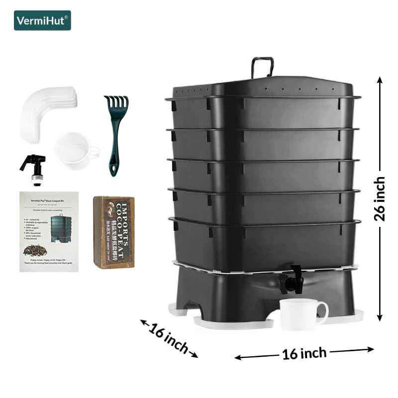 VermiHut Plus 5-Tray Worm Composter - Black, Indoor & Outdoor Vermicomposting Bin