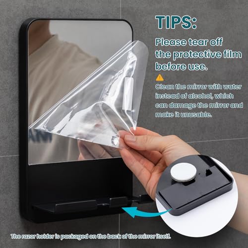 TAILI Shower Mirror Fogless for Shaving Suction Cup, Shaving Mirror with Razor Holder Hook, Anti Fog Mirror for Shower, Removable, Bathroom & Shower Accessories, Black