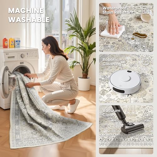 Zesthome 8x10 Beige/Gray Area Rug, Machine Washable Non-Slip Polyester
