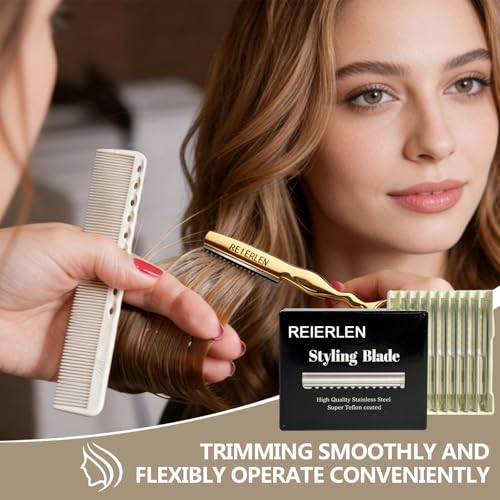 Hair Razors for Cutting - Professional Hair Cutting Razor with 10 Replacement Blades, Stainless Steel Hair Thinning & Texturizing Razor for Salon & Home, Includes Razor Comb & Case, Gold