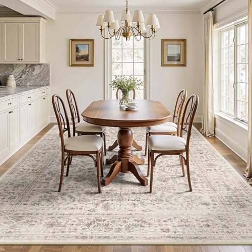 Yarooge 8x10 Light Brown Washable Vintage Floral Rug - Non-Slip Low Pile Carpet for Living Room & Bedroom