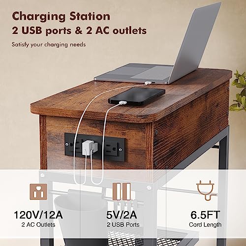 Rustic Brown Lift Top End Table with Charging Station & Wheels