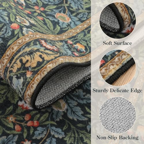 Beeiva Vintage Botanical Bird 8x10 Washable Rug Dark Green & Blue Non-Slip Large Carpet for Living Room & Bedroom