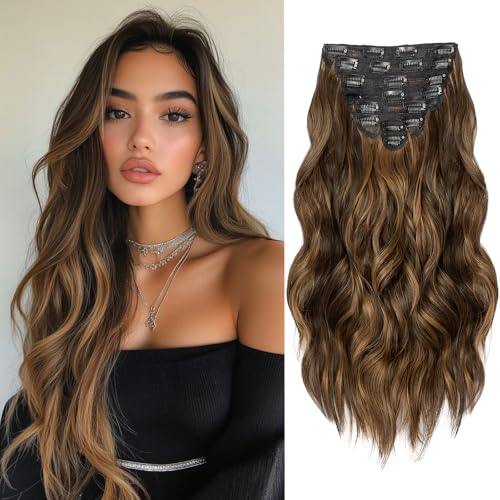 Clip-In Hair Extensions 8PCS 20 Inch Wavy Dark Brown & Light Brown Mix - Synthetic Lace Weft for Women