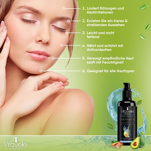 VITAVELLE Hydrating Face Mask ? Hyaluronic Acid Moisturizer Mask Firming with Avocado Oil, Shea Butter, Aloe Vera and Jojoba Oil ? Vegan Face Mask with No Parabens ? Hydrating Face Masks Anti Aging