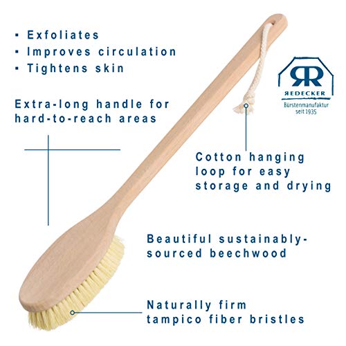 Long Handle Bath Brush with Tampico Bristles & Beechwood Handle - Made in Germany