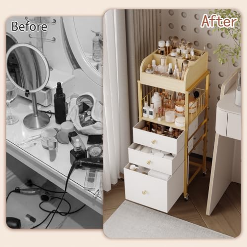 Gold Makeup Organizer Cart with Drawers & Shelves for Vanity