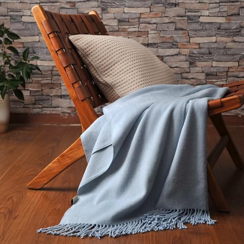 Silk Throw Blanket with Hand-Knotted Fringe - Natural Blue, 50 x 65 Inches