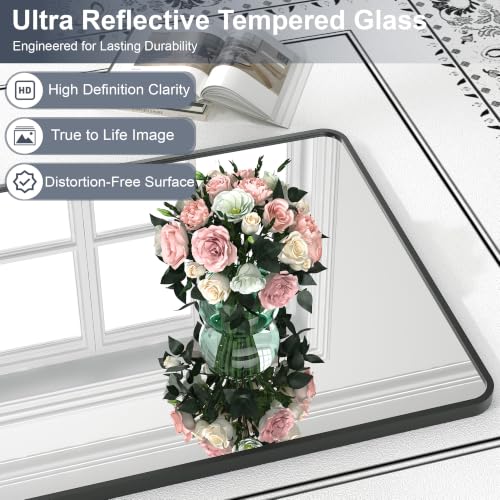 36x24 Bathroom Vanity Mirror with Black Aluminum Frame, Rectangular Wall Mirror with Rounded Corners