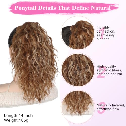 AISI BEAUTY 14 Inch Reddish Orange Ponytail Extension with Blonde Highlights, Curly Clip-In Hairpiece