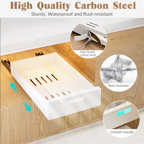 White 21-Inch Deep Pull Out Cabinet Organizer with Adhesive - 10-Inch Wide Steel Drawers, for Frameless Cabinets - 2 Pack