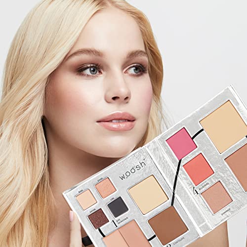Woosh Beauty, The Fold Out Face Palette w/Secret Brush, Travel, All in One Neutral Cream & Powder Kit, 4 in 1 Nested Makeup Brush (#1 Light)