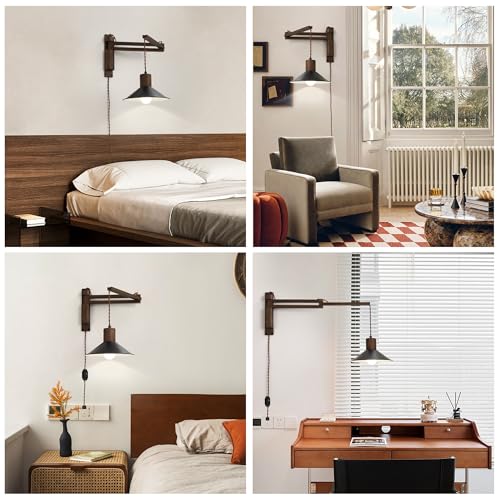 Black Wood Plug-in Wall Lamp with Adjustable Swing Arm - Farmhouse Bedroom Lighting