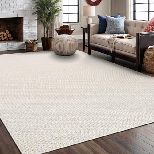 Indoor Outdoor 8x10 White Jute-Style Rug - Woven Solid Fiber Boho Carpet