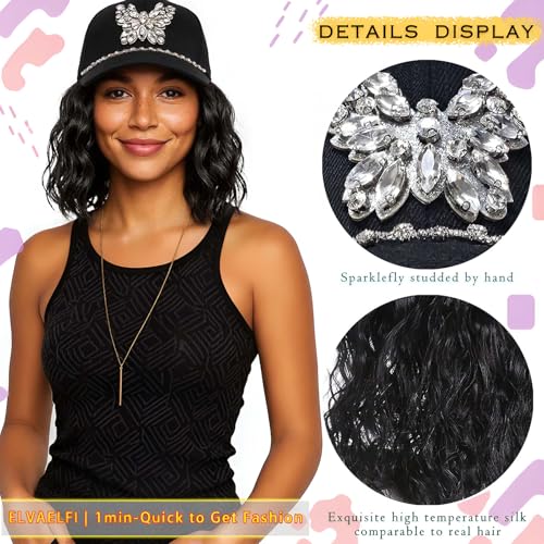 ELVAELFI 8-Inch Short Wavy Black Cap Wig with Rhinestone Butterfly for Women - Variation Cap21-1B / 8 Inch