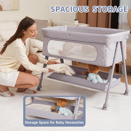 Adjustable Baby Bassinet Bedside Sleeper with Wheels & Mattress - Grey