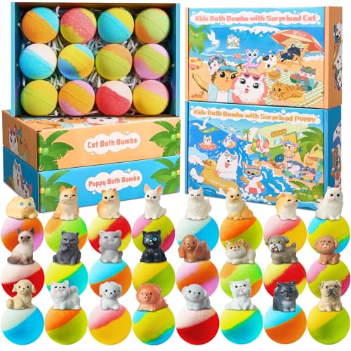 Bath Bombs for Kids with Surprise Inside, 24 Pack Kids BathBombs with Puppy & Cat Toys, Child-Safe Natural Bath Bombs with Toys Inside for Girls and Boys, Birthday Party Favors