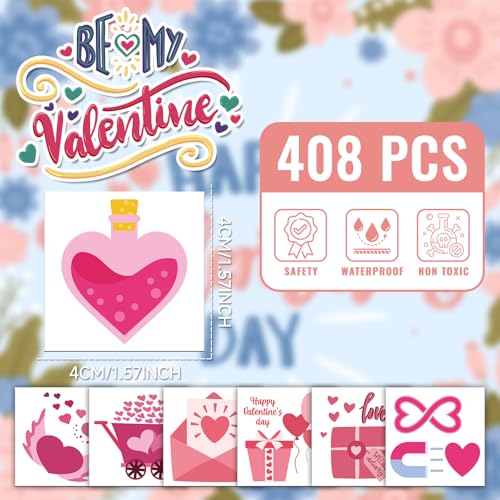 EMOME 408 Individually Wrapped Valentine Temporary Tattoo Stickers for Kids, Cute Heart Temporary Tattoos for Valentine Accessories, Kids Tattoos for Party Supplies Favors Fillers