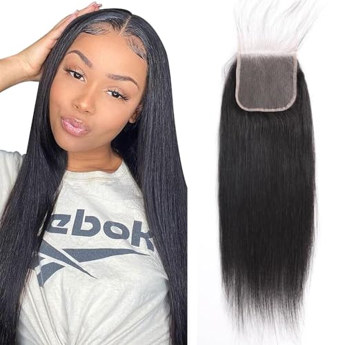 Human Hair Lace Closure 4x4 Transparent Swiss Lace Straight 18 Inch Black - Variation of THIS listing