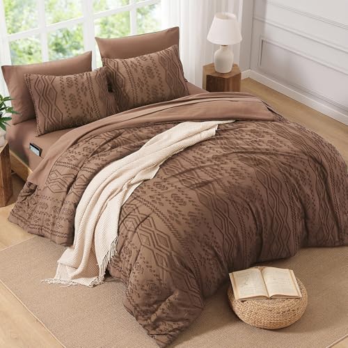 King Size Brown Tufted Boho Comforter Set - 7 Pieces, Farmhouse Style