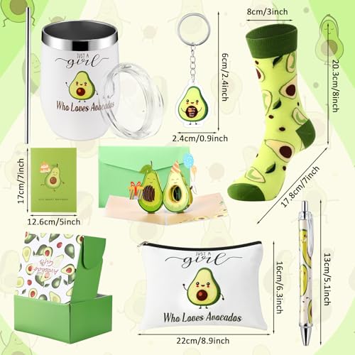 6 Pcs Funny Gift Baskets for Women Girls Pickle Avocado Socks with Vegetable Animals Makeup Bag Insulated Tumbler Keychain Greeting Card Pen for Christmas Birthday Party(Avocados)