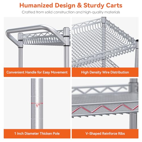 Heavy Duty Rolling Utility Cart with 3 Shelves - Silver, 990 Lbs Capacity