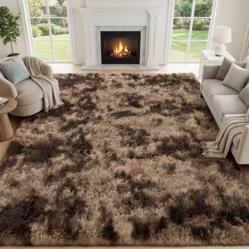 Fluffy 8x10 Area Rug for Living Room & Bedroom - Tie-Dyed Coffee, Soft Shag Carpet