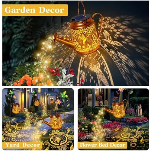 Solar Lanterns Outdoor, Hummingbird Sunflower Watering Can lights, Waterproof Hanging Lanterns, Solar Path Lights, Outside Decoration Gardening Christmas Gifts for Mom Grandma Women with Shepherd Hook