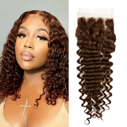 KAFEIER Brown Deep Wave Lace Closure 4x4, 10 Inch Brazilian Virgin Remy Hair