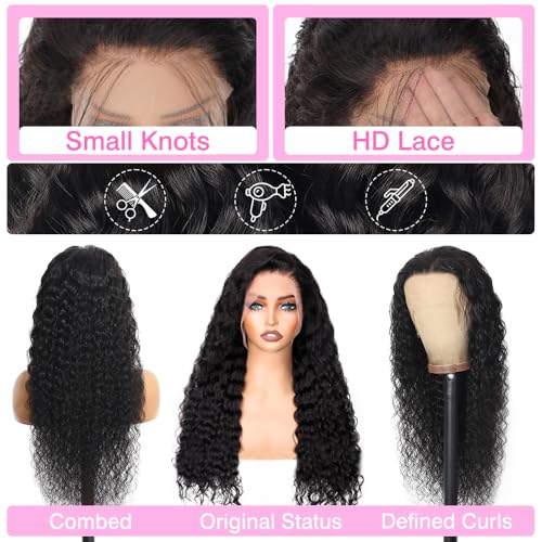 BVLBVL 20in Deep Wave Lace Front Wig Human Hair 13x6 HD Pre-Plucked 180% Density Natural Black