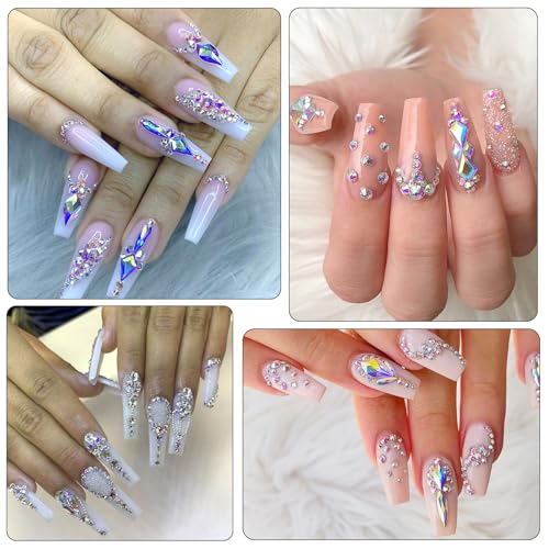 DZHILHMX AB Nail Rhinestones Set with 12 Types & 600 Multi-Size Crystals for Nail Art Decor