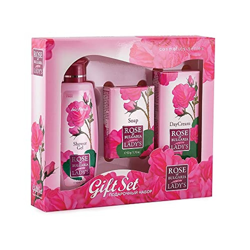 Gift set"Rose of Bulgaria" for WOMEN - SHOWER GEL for Women, COSMETIC SOAP for Women, DAY CREAM with Rose Essential Oil and Rose Water