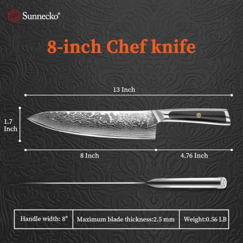 Sunnecko 8 Inch Japanese Damascus Chef Knife - VG10 Steel Razor Sharp Kitchen Knife
