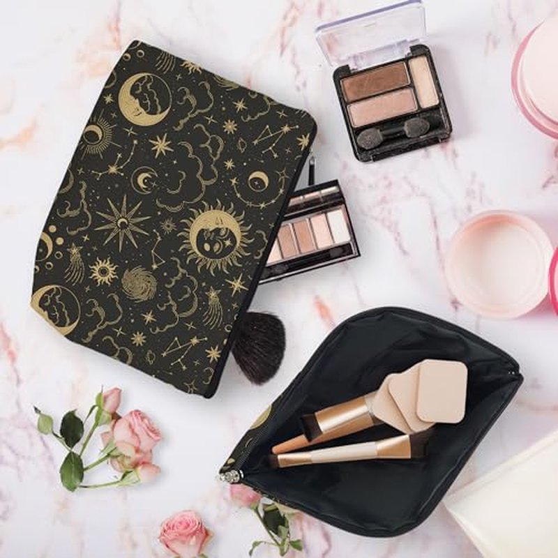 huester Black Golden Sun and Moon Star Witchy Makeup Bag, Moon Make Up Bag, Tarot Cosmetics Bag, Cosmetic Bags Travel Makeup Pouch Astrology Witchy Gifts for Purse Women Girls Sister Mom