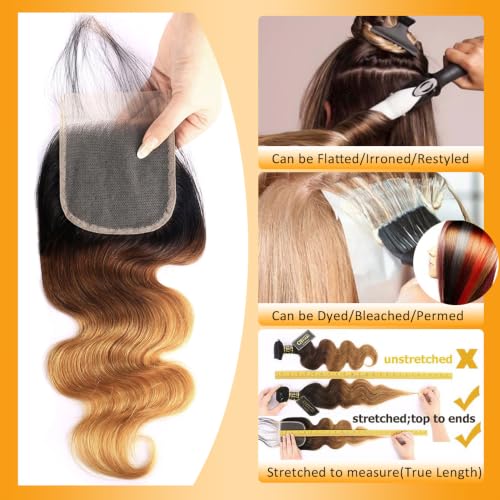 QTHAIR 18-inch Ombre Body Wave Lace Closure 4x4 Brazilian Virgin Hair T1B/4/27