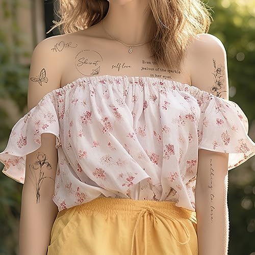 Realistic Temporary Tattoos - 60 Sheets Small Fake Tattoos, 30 Pcs Meaningful Scripts Words Tattoos, 30 Pcs Line Art Wild Flower Nature Tattoo Stickers for Women and Men