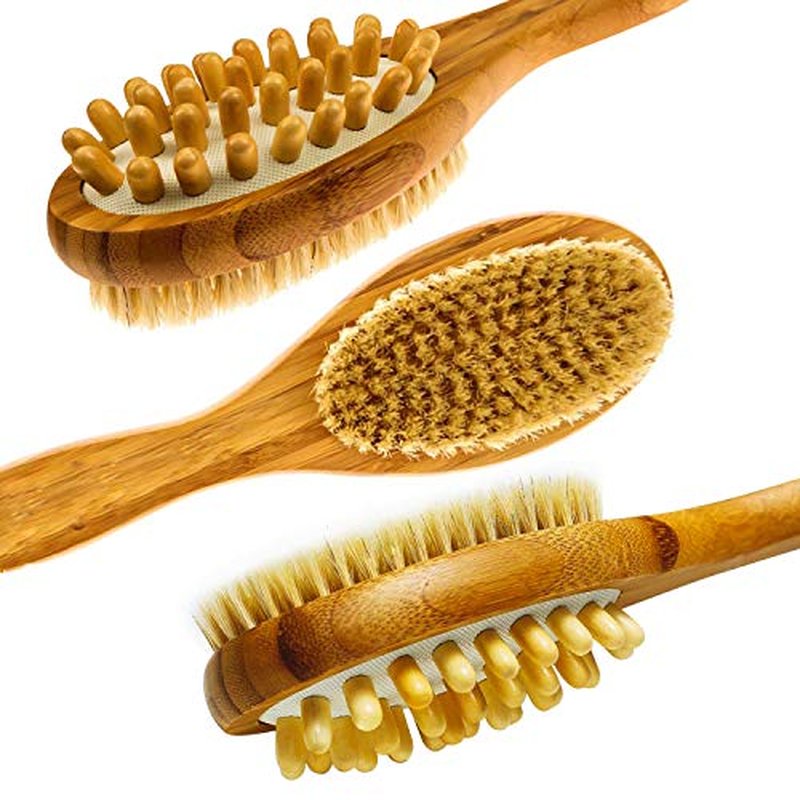 Bamboo Body Brush for Back Scrub - Natural Boar Bristle Shower Brush Scrubber with Long Handle - Exfoliate Skin and Cellulite - Wet or Dry