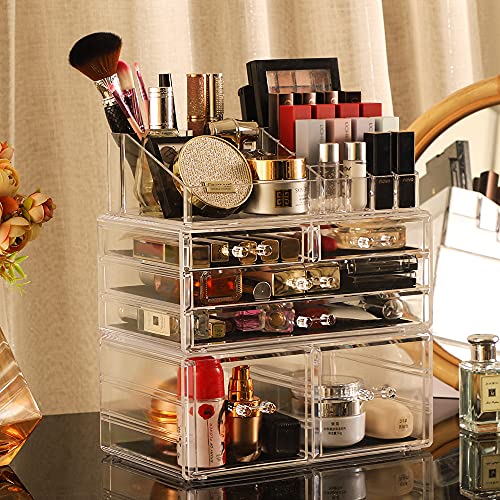 Acrylic 3-Pack Makeup Organizer with 6 Drawers and Top Tray – Stackable Vanity Desk Storage