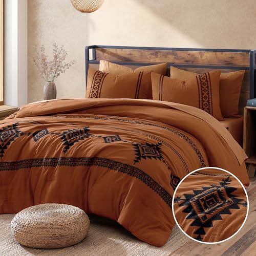 MaiRêve Burnt Orange Full Embroidery Comforter Set 7 Pieces Bed in a Bag