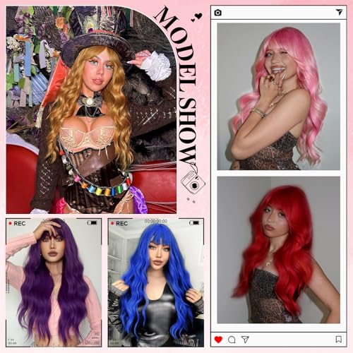 Blue Wigs for Women - 26 Inch Long Wavy Synthetic Wig with Bangs - Variation of Blue / 26 Inch