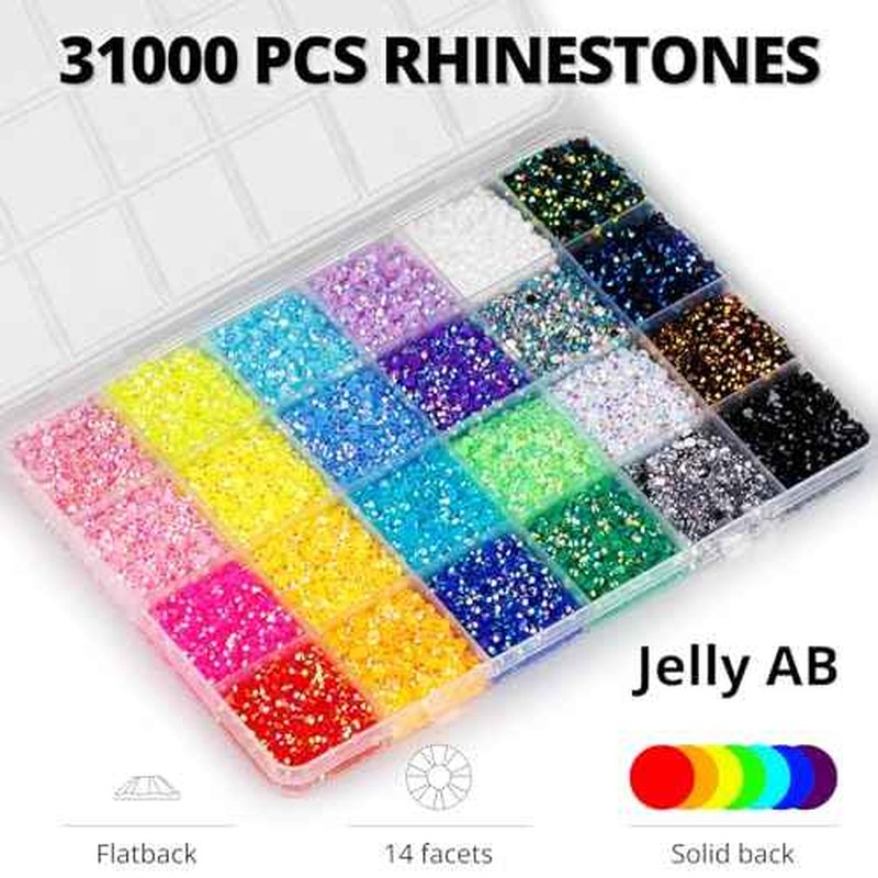 31000Pcs Rhinestones for Bedazzling, 3mm Bedazzler Kit with Flatback Rhinestones for Clothes Crafting Crafts Nails Clothing, Flat Back Resin Rainbow Colorful Colored Crystal with B 7000 Glue Clear