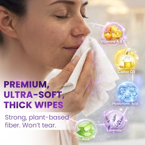 BeautyFrizz Lavender Face Wipes - 120 pcs - Gentle Makeup Remover Wipes for Women - Facial Cleansing Wipe with Aloe, Castor, Vitamin A and E - Extra Soft - Moisturizing