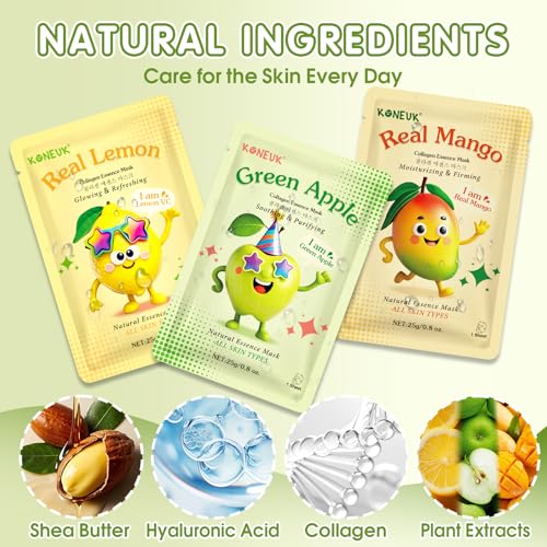 Kids Fruit Collagen Face Masks Set - 56 Pack with Cartoon Fruit Design for Teens & Girls - Skincare & Moisturizing