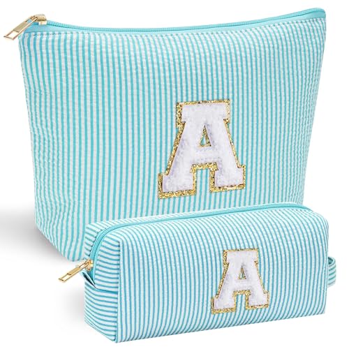 Light Blue Personalized Initial Makeup Bag for Girls 10-12 - Cosmetic & Travel Toiletry Bag