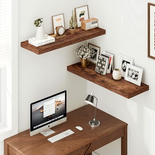Vivelove Rustic Brown 36 Inch Floating Shelves Set of 2 - Deep 12" Wall Storage