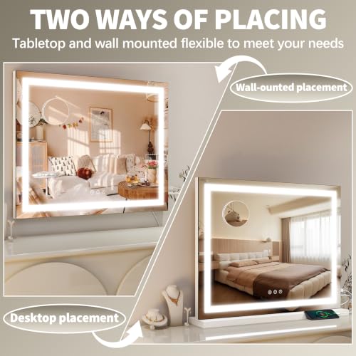 FENNIO 23x18 Inch White Vanity Mirror with Lights, Adjustable Brightness & 3 Color Modes