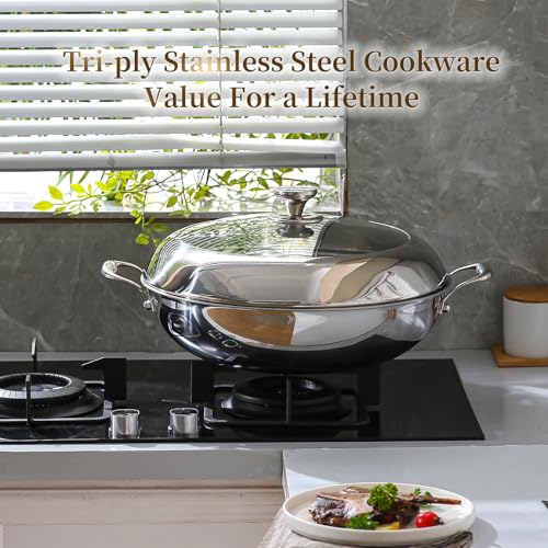 Black 14-Inch Tri-Ply Stainless Steel Wok Pan with Lid - DELARLO