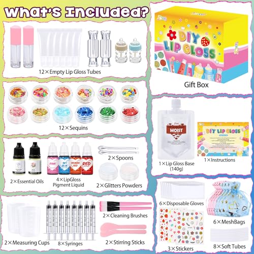 Jcoos Lip Gloss Making Kit, 73PCS Fun Make Your Own Lip Gloss Kit Kids, Beginner, Lipgloss Sets for Girls, DIY Lipstick Set, Moisturizing Lip Oil Base, Gifts for Tween Girls, Teens, Daughters, Women