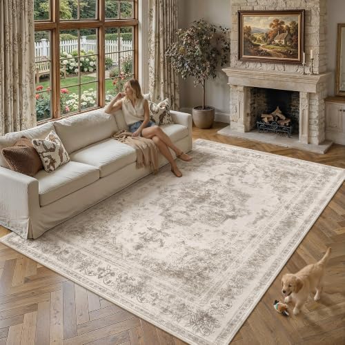 Antique Taupe Washable 8x10 Vintage Distressed Area Rug for Living & Bedroom