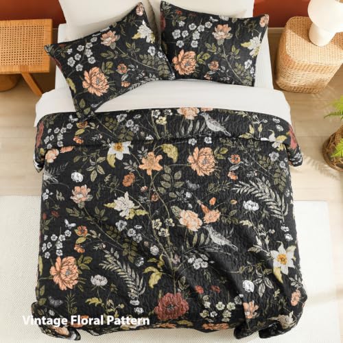 Black Floral California King Quilt Set - 3 Pieces Summer Boho Bedspread & Pillowcases